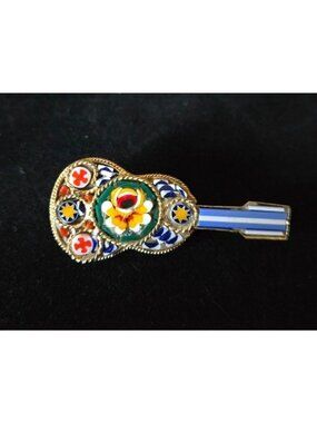 Vintage Italian Micro Mosaic Guitar Brooch Pin Gold Tone Handmade Colorful Glass